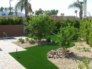 Artificial grass lawn with trees