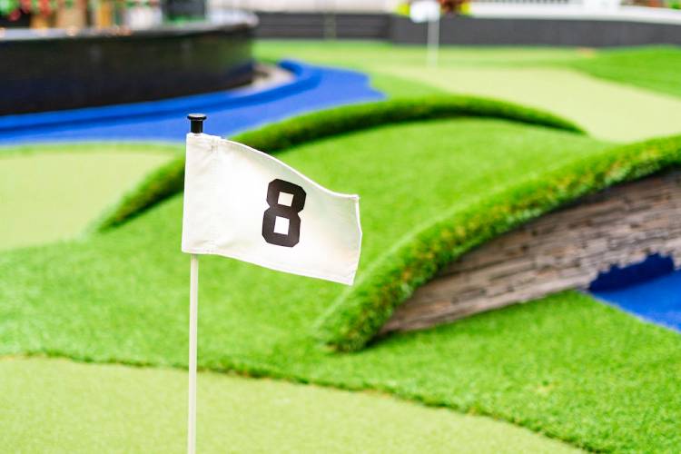 Closeup of hole 8 on an indoor putting green